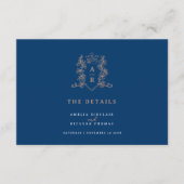 Carte D'accompagnement Rose or bleu couronne monogramme Détails du mariag (Devant)
