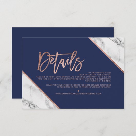 Carte D'accompagnement Rose or marbre marine script mariage de direction (Devant / Derrière)