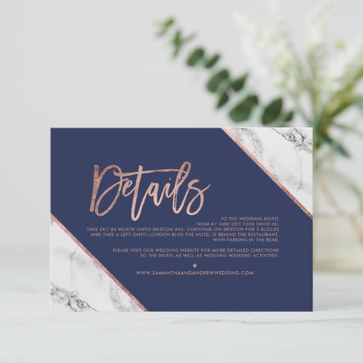 Carte D'accompagnement Rose or marbre marine script mariage de direction (Debout devant)