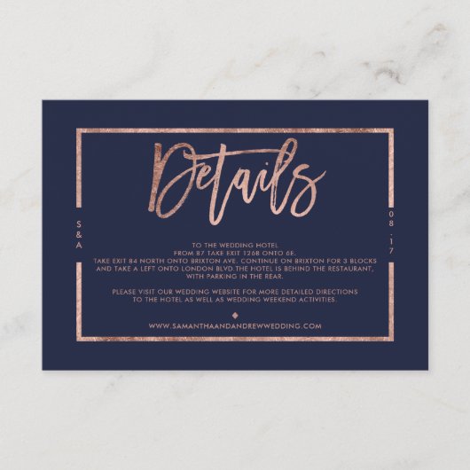 Carte D'accompagnement Rose or marine bleu script direction mariage (Devant)