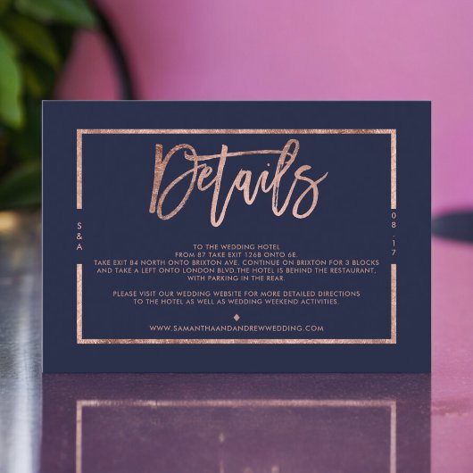 Carte D'accompagnement Rose or marine bleu script direction mariage
