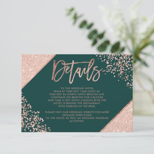 Carte D'accompagnement Rose or vert script mariage détails de direction (Debout devant)