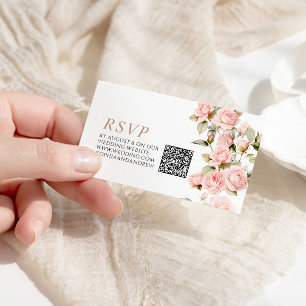 Carte D'accompagnement Rose rose et vert Feuille Mariage QR Code RSVP