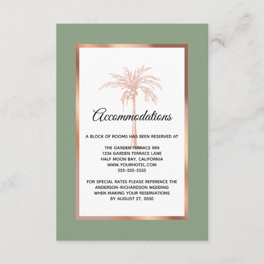Carte D'accompagnement Rose Sage Gold Palm Tree Mariage Hébergements (Devant)