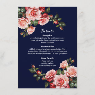 Carte D'accompagnement Rose sombre et rouge roses bleu marine mariage