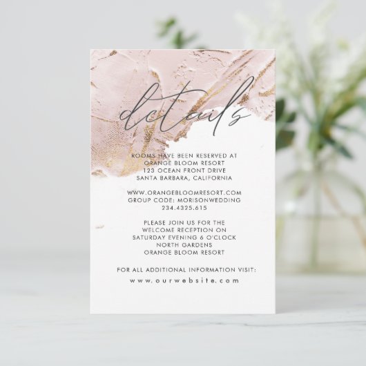 Carte D'accompagnement rose texturé faux feuille d'or Détails (Debout devant)