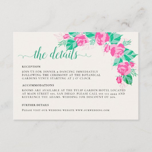 Carte D'accompagnement Rose Vert Rose Pétales Fleurs Jardin Mariage (Devant)