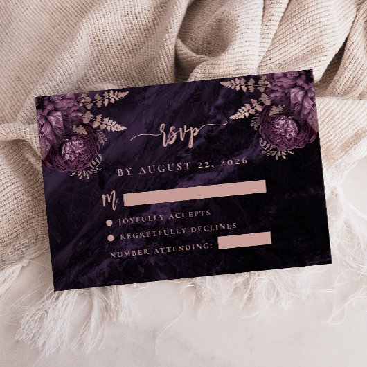 Carte D'accompagnement Rose violet Or Floral Agate Script Mariage RSVP