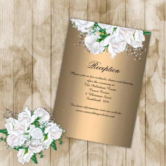 Carte D'accompagnement Roses blanches à la réception de mariage d'or luxu