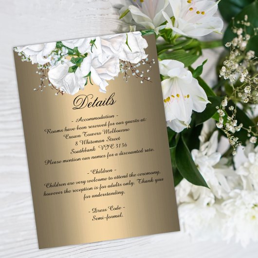 Carte D'accompagnement Roses de bouquet nuptial blanc sur Mariage or
