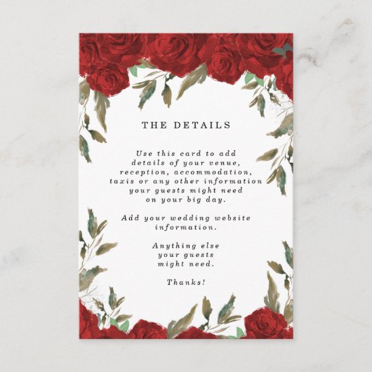 Carte D'accompagnement roses rouges boho floral mariage informations (Devant)