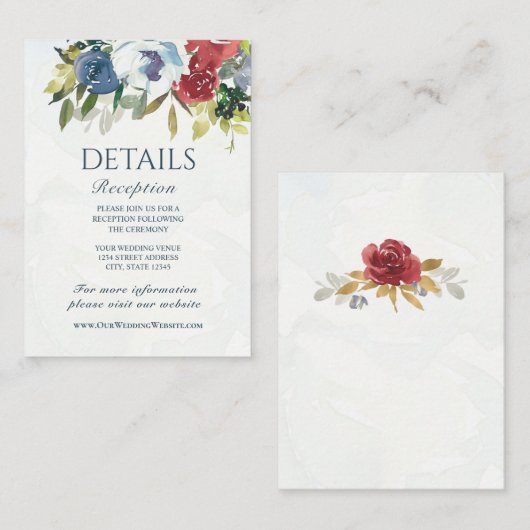 Carte D'accompagnement Rouge Blanc Bleu Floral Vert Aquarelle Mariage (Devant / Derrière)