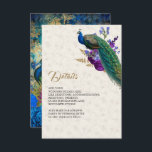 Carte D'accompagnement Royal Blue Purple Floral Peacock Détails du Mariag<br><div class="desc">Elégante carte encastrée avec un magnifique paon avec de belles fleurs.</div>