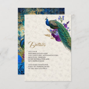 Carte D'accompagnement Royal Blue Purple Floral Peacock Détails du Mariag