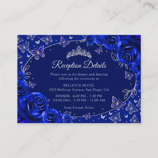 Carte D'accompagnement Royal Blue Silver Quinceanera Reception Details (Devant)