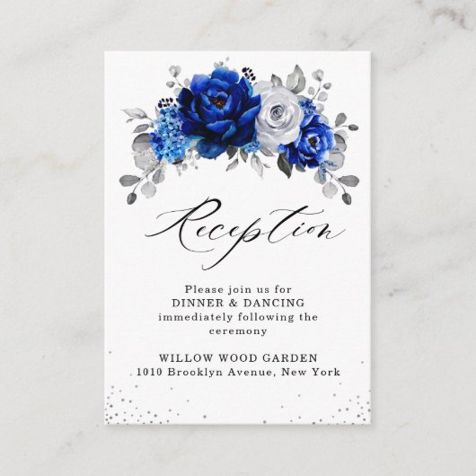 Carte D'accompagnement Royal Blue White Silver Floral Mariage Réception (Devant)