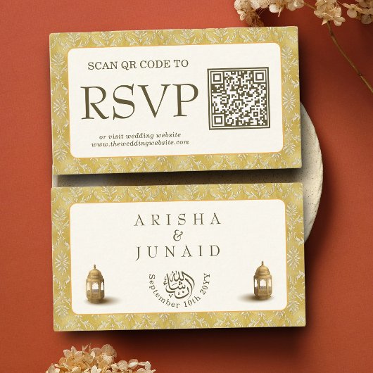 Carte D'accompagnement Royal Gold Damask Muslim QR Code RSVP Wedding Webs