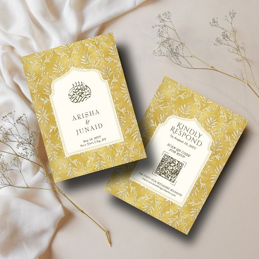 Carte D'accompagnement Royal Gold Damask Muslim QR Code RSVP Wedding Webs