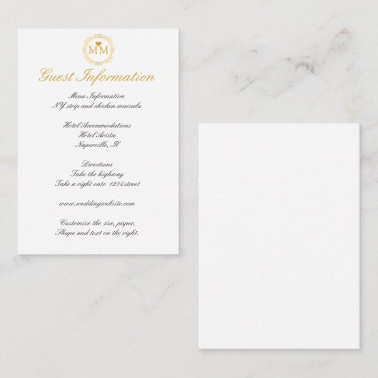Carte D'accompagnement Royal Mariage Gold Script Informations clients (Devant / Derrière)