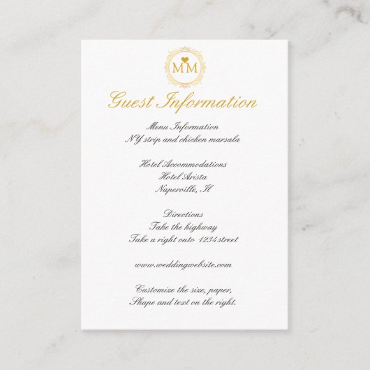 Carte D'accompagnement Royal Mariage Gold Script Informations clients (Devant)
