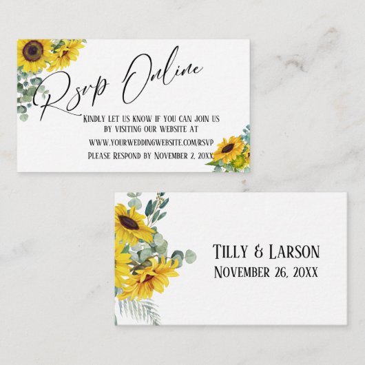 Carte D'accompagnement RSVP en ligne écriture manuscrite tournesol et Euc (Devant / Derrière)