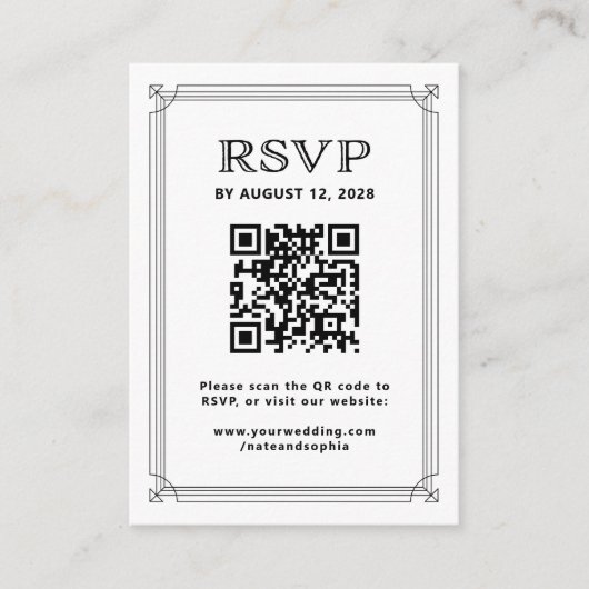Carte D'accompagnement RSVP et code QR Modern Deco | Noir et blanc (Devant)
