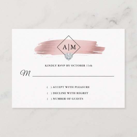 Carte D'accompagnement RSVP Mariage Rose Gold Foil Coeur Monogrammes (Devant)