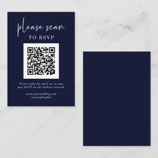 Carte D'accompagnement RSVP moderne simple avec code QR | bleu marine (Devant / Derrière)