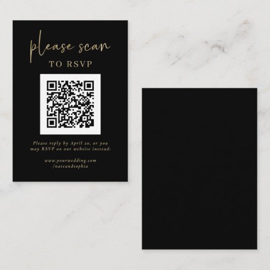 Carte D'accompagnement RSVP moderne simple avec code QR | Or et noir (Devant / Derrière)