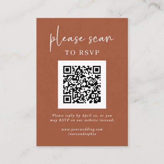 Carte D'accompagnement RSVP moderne simple avec code QR | Terre cuite (Devant)