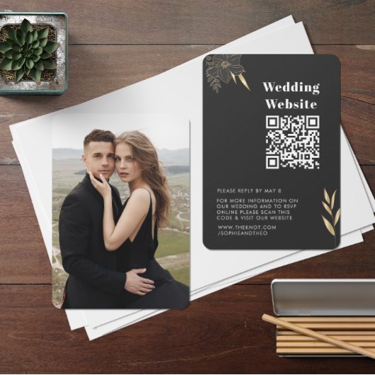 Carte D'accompagnement RSVP pour mariage | QR Code Modern Black Gold phot
