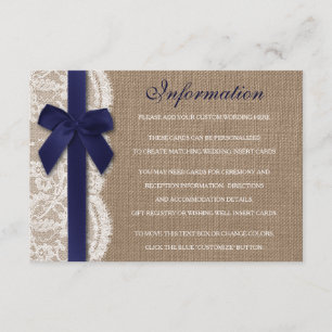 Carte D'accompagnement Ruban de la marine sur Burlap & dentelle Mariage D