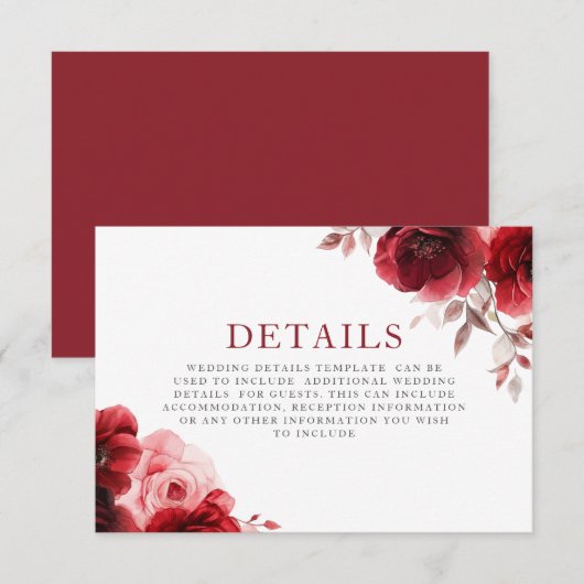 Carte D'accompagnement Ruby Red Wine Luxe Radiant Floral Détails du Maria (Devant / Derrière)