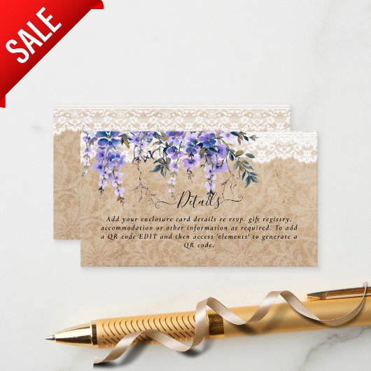 Carte D'accompagnement Russe Purple Wisteria Floral Mariage dentelle