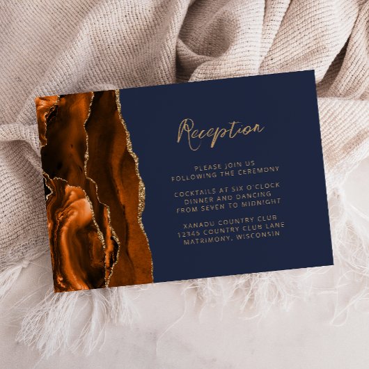 Carte D'accompagnement Rust Gold Agate Navy Blue Script Mariage Réception