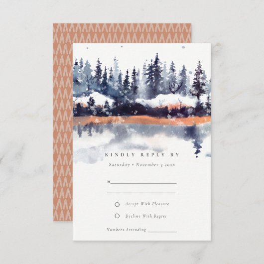 Carte D'accompagnement Rust Navy Winter Pine Forest Neige Mariage RSVP (Devant / Derrière)