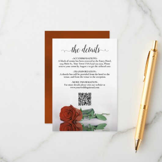 Carte D'accompagnement Rust Orange Rose Élégant détails de mariage QR Cod (Devant/Arrière en situation)