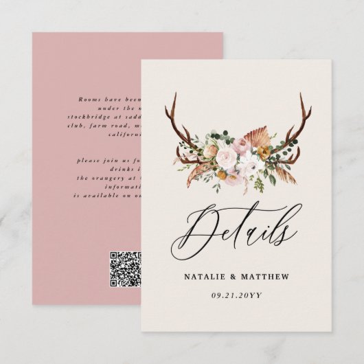 Carte D'accompagnement Rustic Antler Floral Wedding woodland Boho Details (Devant / Derrière)
