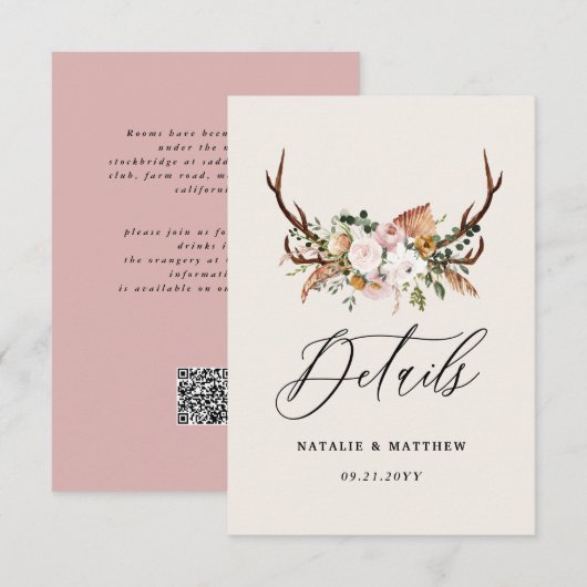 Carte D'accompagnement Rustic Antler Floral Wedding woodland Boho Details (Devant / Derrière)