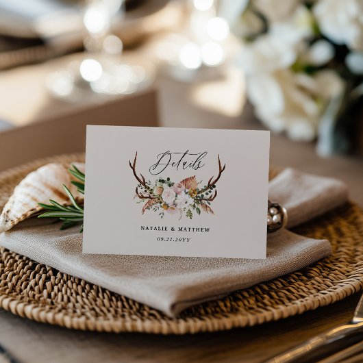 Carte D'accompagnement Rustic Antler Floral Wedding woodland Boho Details