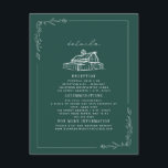 Carte D'accompagnement Rustic Barn Emerald Green Détails du Mariage de au<br><div class="desc">Illustration d'art linéaire de grange au sommet avec bordure botanique et arrière - plan couleur vert émeraude foncé.</div>