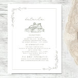 Carte D'accompagnement Rustic Barn Sage Green White Détails du Mariage de<br><div class="desc">Illustration d'art en ligne d'une grange verte à la sauge au sommet avec bordure botanique et arrière - plan blanc.</div>