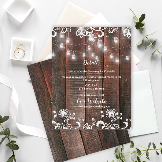 Carte D'accompagnement Rustic Barn Wood Lace String Lights Wedding Detail