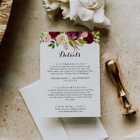 Carte D'accompagnement Rustic Blush Bourgogne Détails du Mariage Floral
