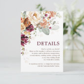 Carte D'accompagnement Rustic Boho Bourgogne Détails du Mariage Floral (Debout devant)