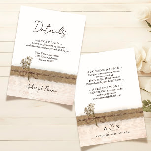 Carte D'accompagnement Rustic Boho Burlap Wood Fleur sauvage Détails Mari