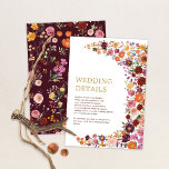 Carte D'accompagnement Rustic Boho Fall Fleur sauvage Garden Détails de m<br><div class="desc">Cette carte de détails mariage classe va sûrement égayer votre jour de mariage. Le design est composé de fleurs sauvages d'automne éclatants dans des tons riches de bordeaux, de broussailles, d'aubergines et d'orange brûlé. L'aménagement floral luxuriant capte l'essence de l'automne, tandis que la typographie moderne et épurée ajoute une touche...</div>