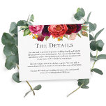 Carte D'accompagnement Rustic Boho Floral Mariage Détails Information<br><div class="desc">Remettez à vos invités mariages les détails importants entourant votre mariage avec une carte d'information contenant toutes les informations. Ce design rustique d'inspiration boho a une bordure florale d'aquarelle romantique dans des teintes mélangées riches de rouge bordeaux, blanc cassé, pêche rousse et rose avec la végétation et les accents fleurs...</div>