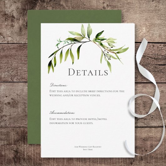 Carte D'accompagnement Rustic Botanical Greenery Bough Détails du Mariage