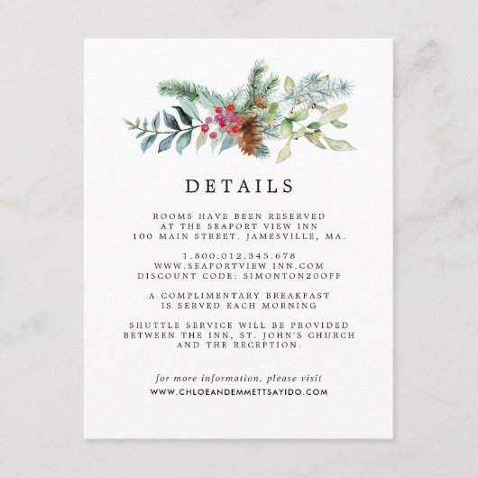 Carte D'accompagnement Rustic Botanical Winter Wedding Détails de l'invit (Devant)